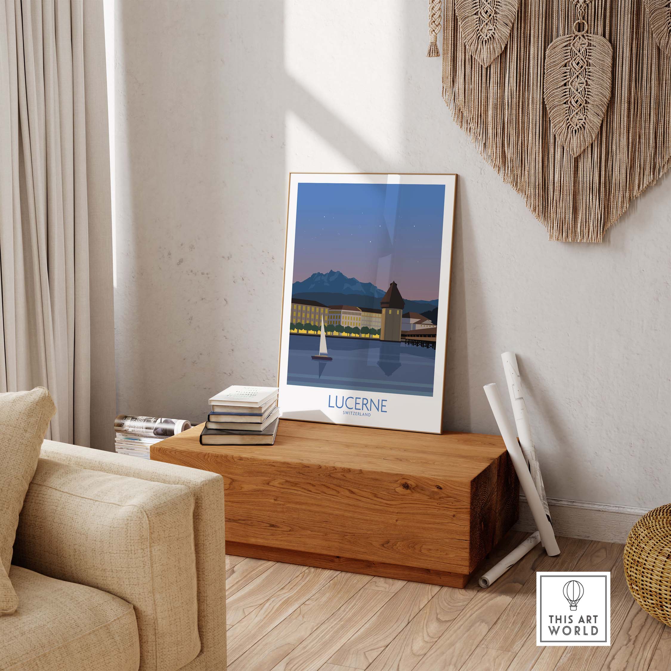 Stylish Lucerne Switzerland poster displayed in a modern living room, showcasing a serene landscape and vintage art inspiration.