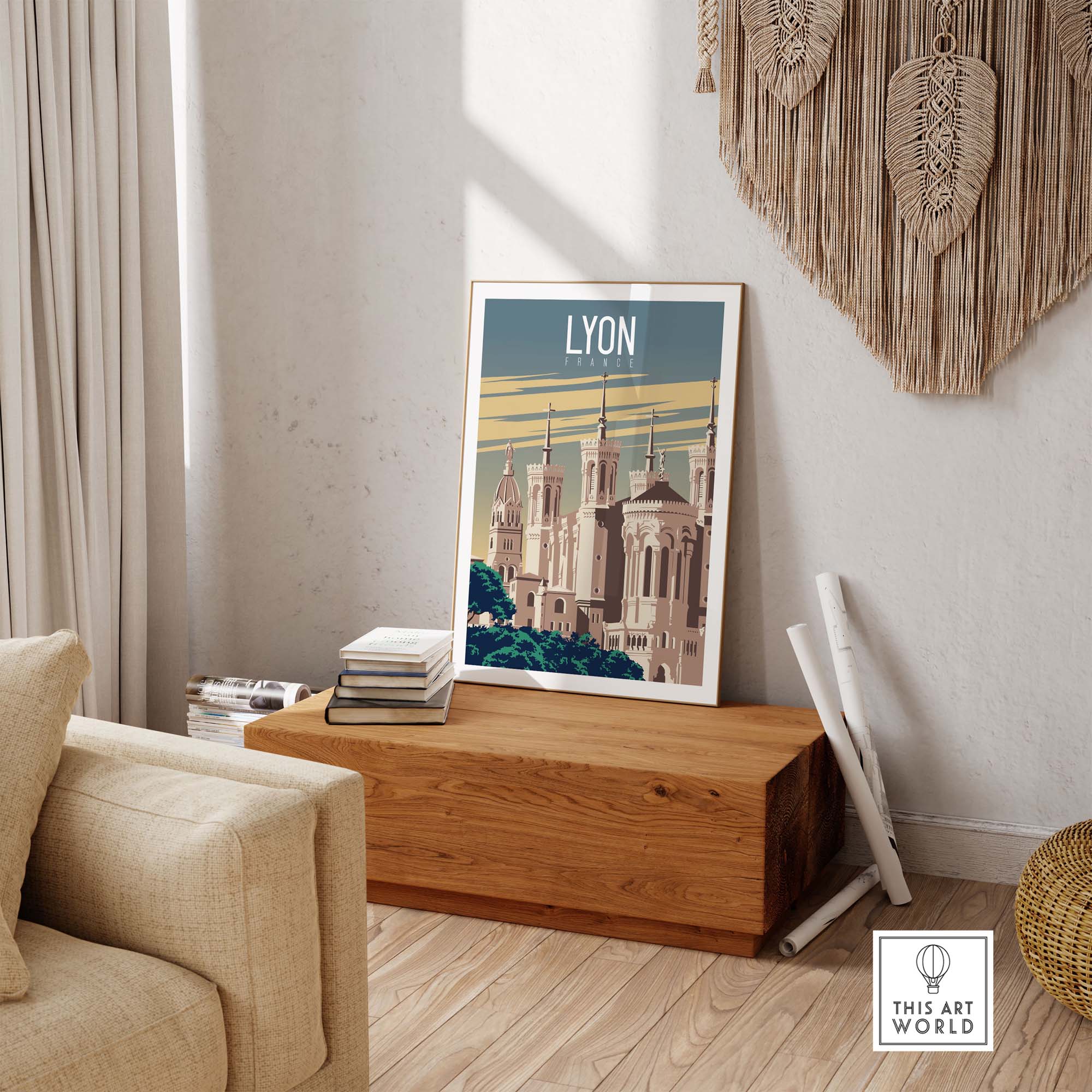 Lyon Print France Poster displayed in a stylish living room, showcasing vintage travel art for home decor.