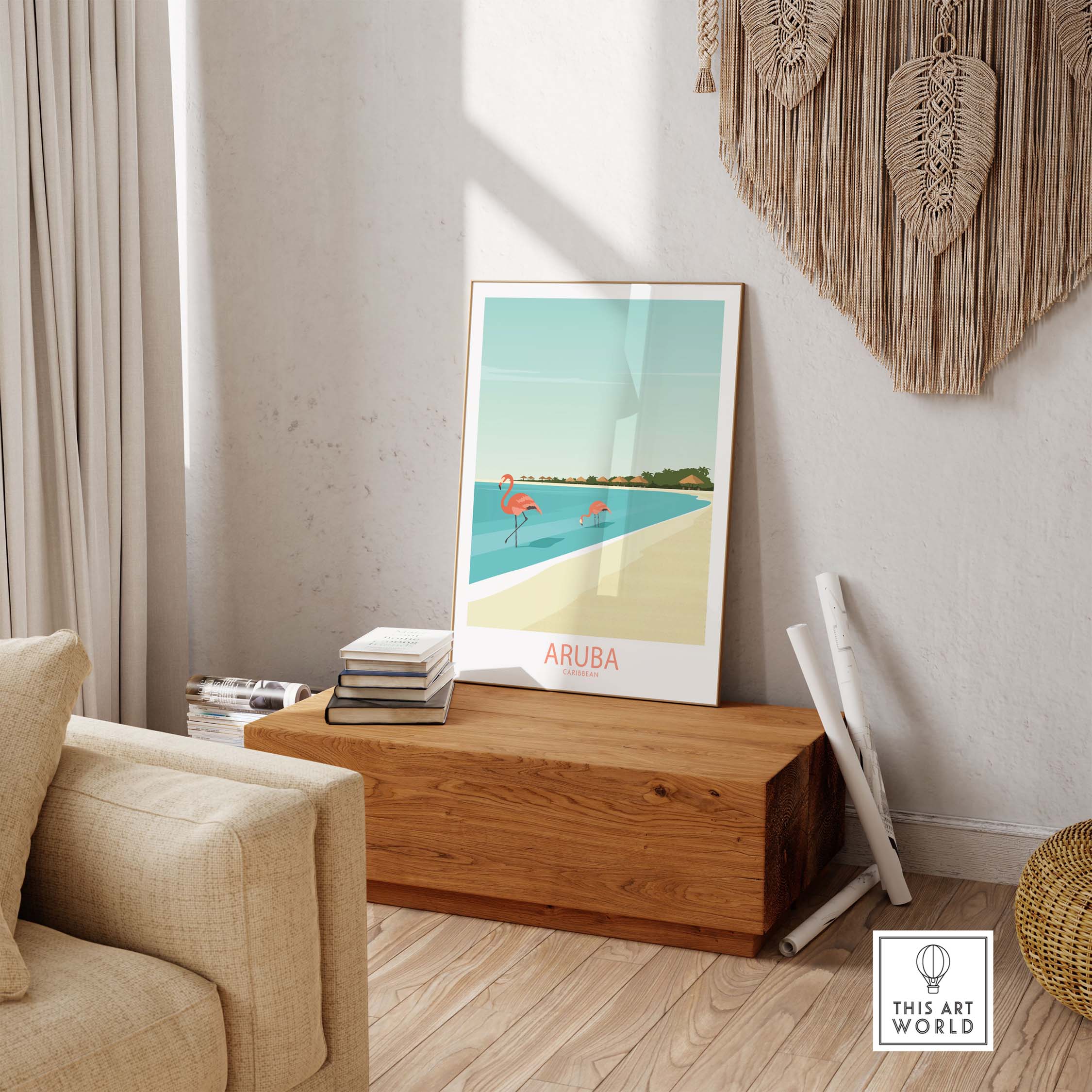 Aruba Caribbean poster featuring a tropical scene with flamingos, displayed in a stylish living room setting.