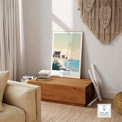 Bonaire Wall Art Print in minimalist decor, showcasing vintage-inspired travel aesthetics for home or office.