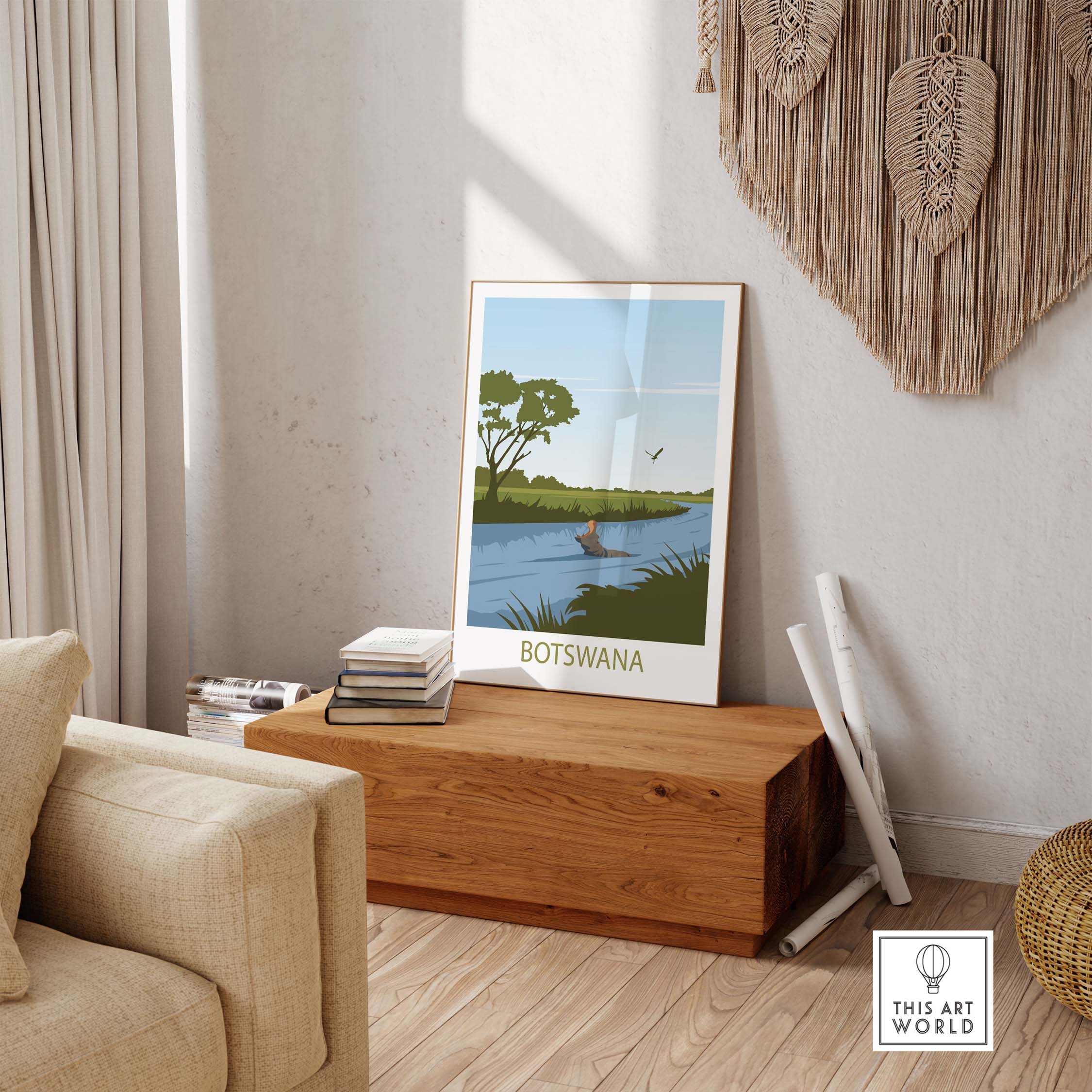 Botswana travel poster featuring a serene landscape with trees and water, ideal for home decor.