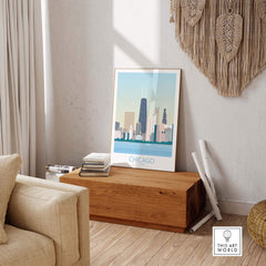 Chicago Skyline print displayed in a stylish living room setting, showcasing vintage travel art decor.
