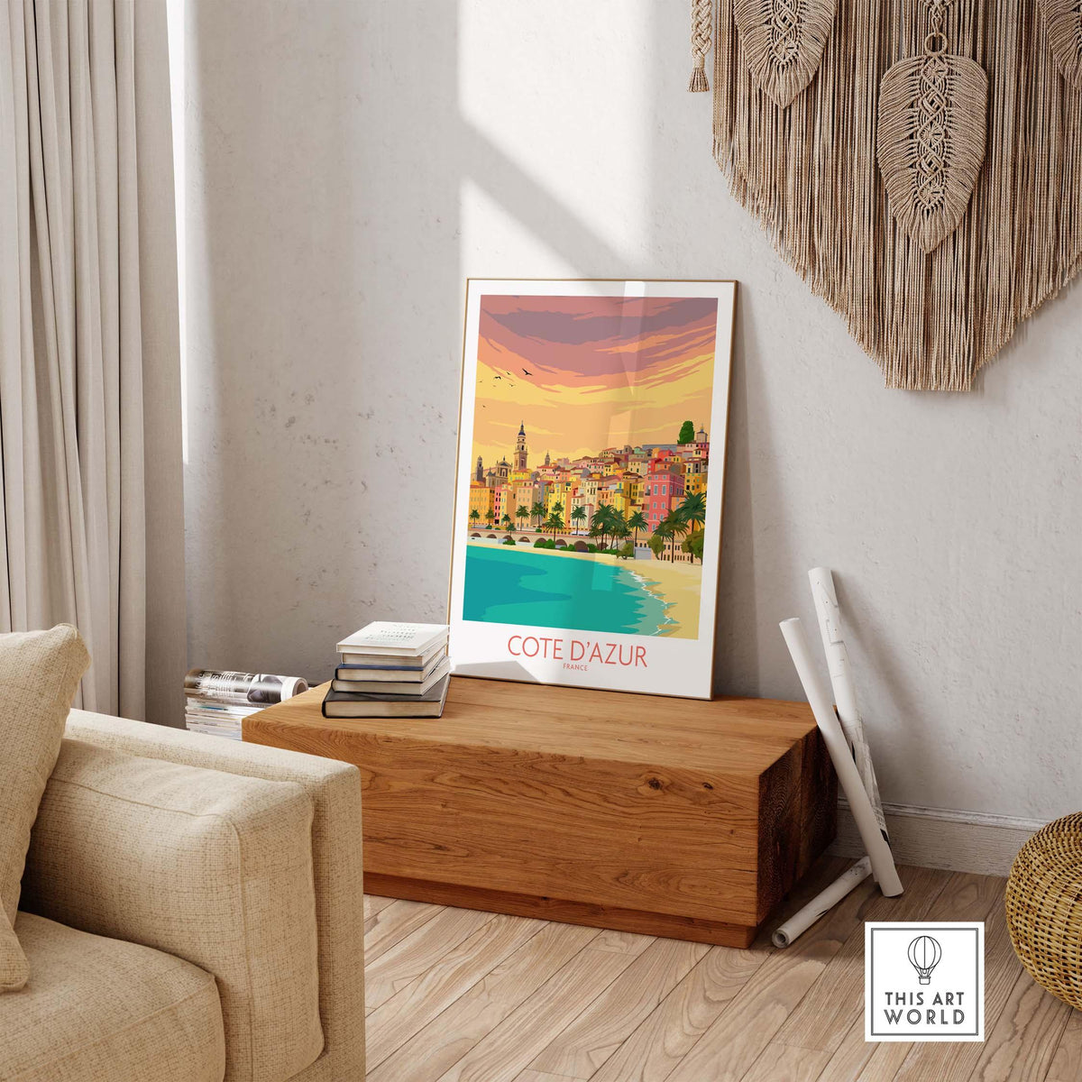 Cote d'Azur print in a minimalist living room setting, featuring the French Riviera landscape.