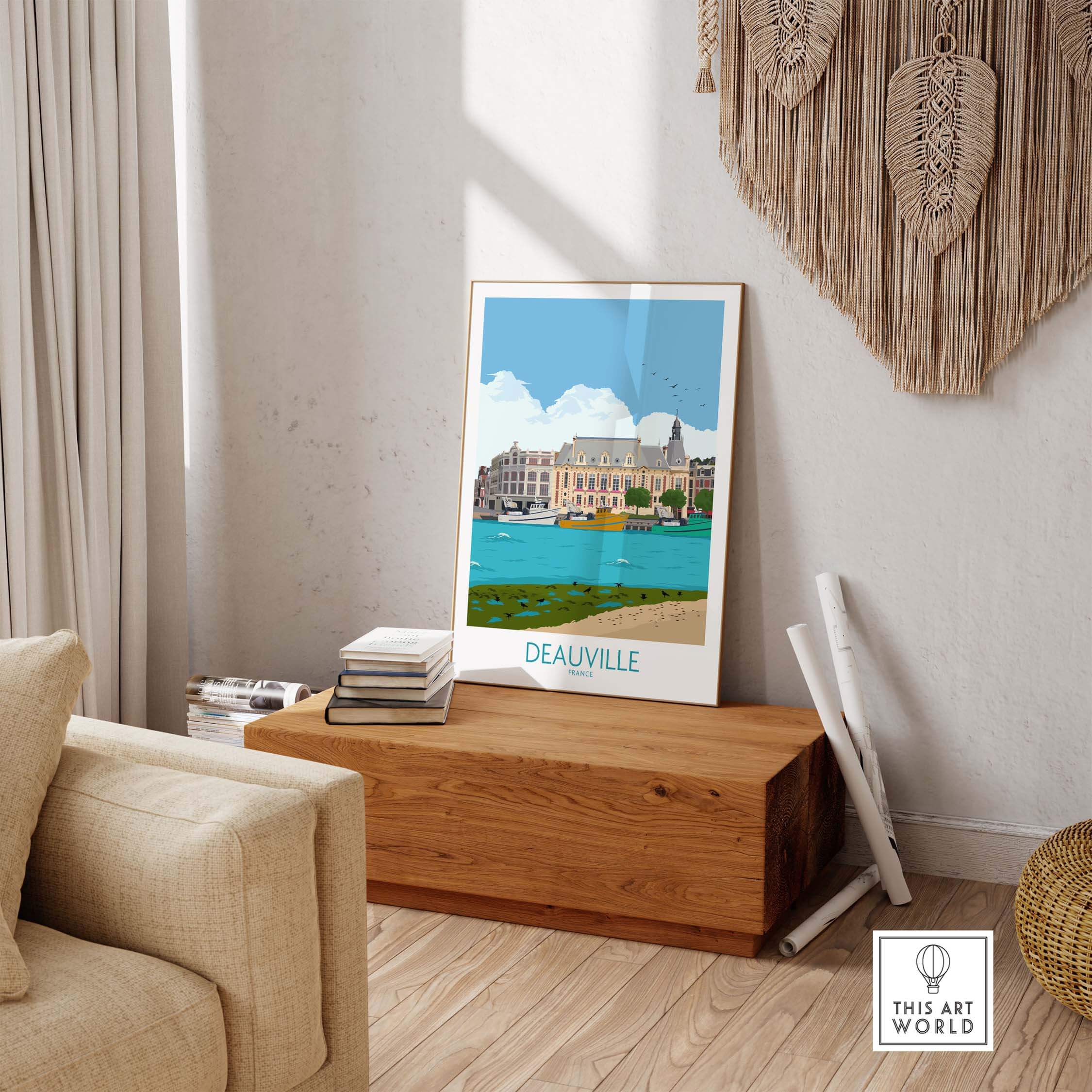 Deauville travel poster print displayed in a stylish living room, capturing vintage travel nostalgia with minimalist design.