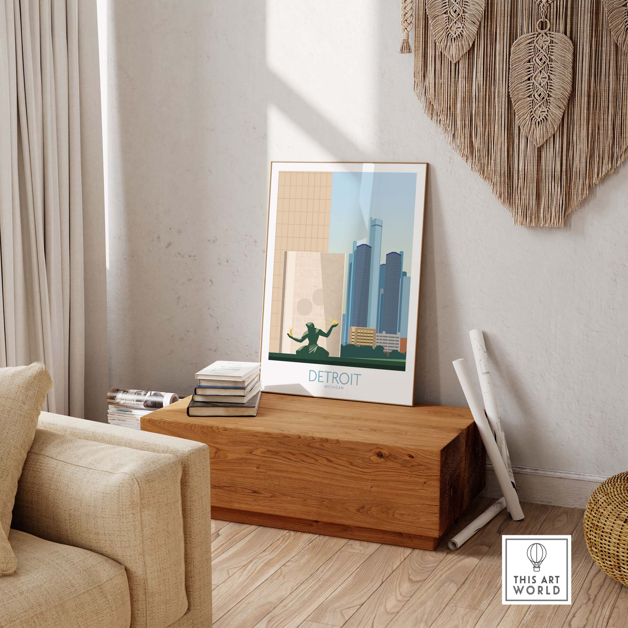 Detroit wall art print displayed in a cozy living room setting with minimalist decor.