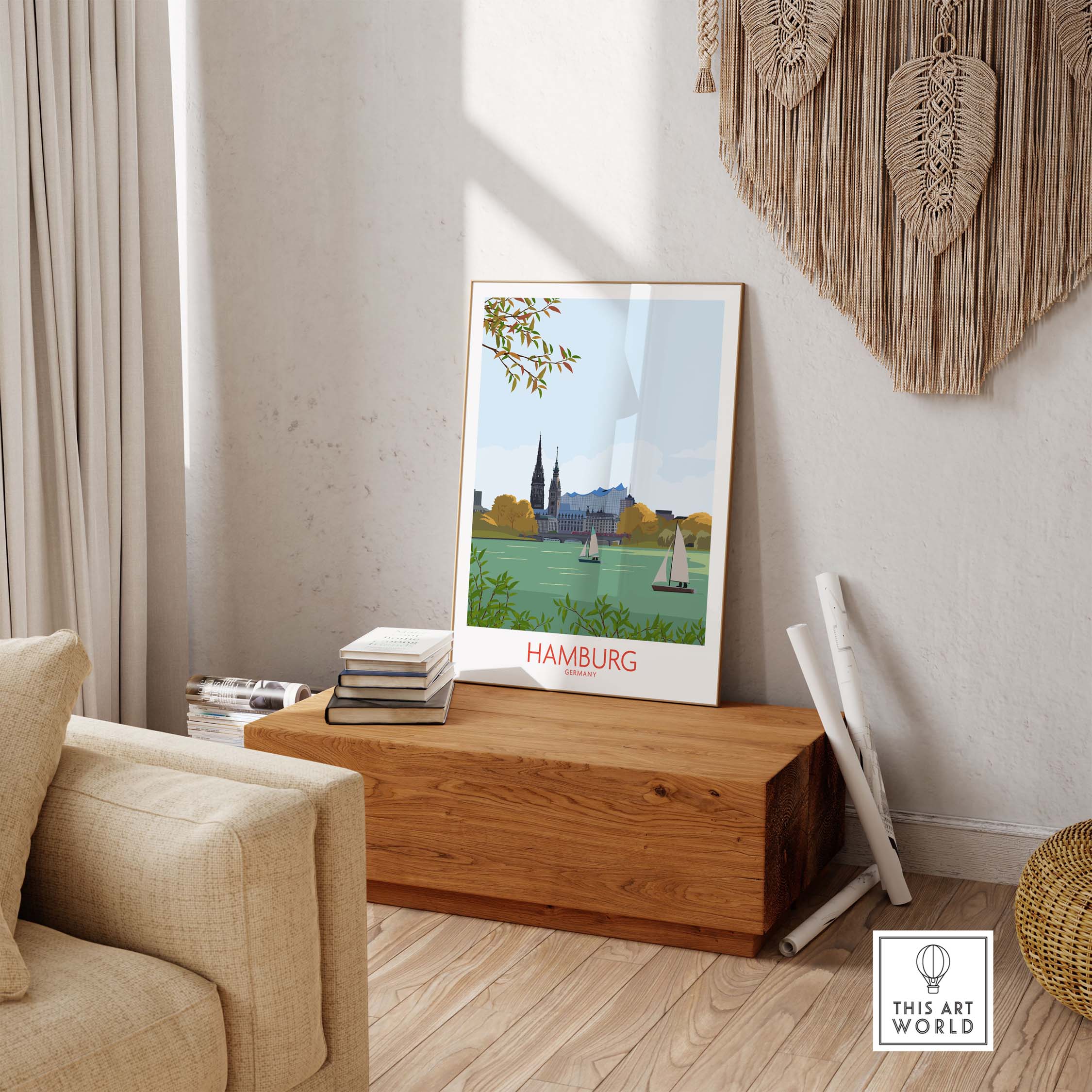 Minimalist Hamburg Germany wall art print displayed in a stylish living room setting on a wooden box.