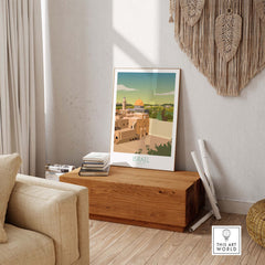 Israel wall art print displayed in a stylish living room, showcasing minimalist travel poster design.