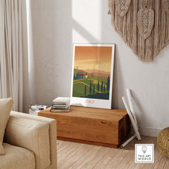 Italy wall art print featuring a minimalist design inspired by vintage travel posters, displayed in a cozy interior.