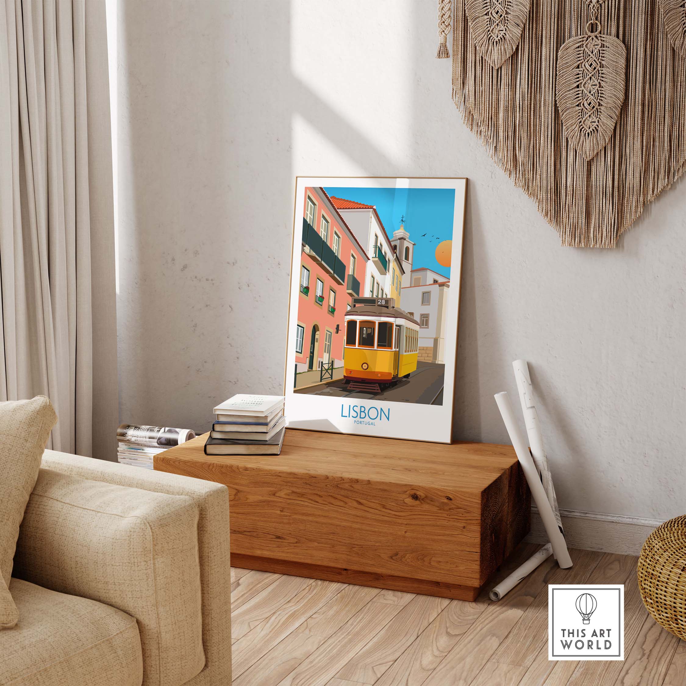 Lisbon wall art print showcasing a vintage tram in a stylish interior setting.