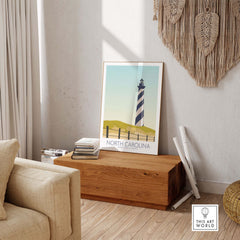North Carolina wall art print featuring a lighthouse, minimalist design in a stylish interior setting.