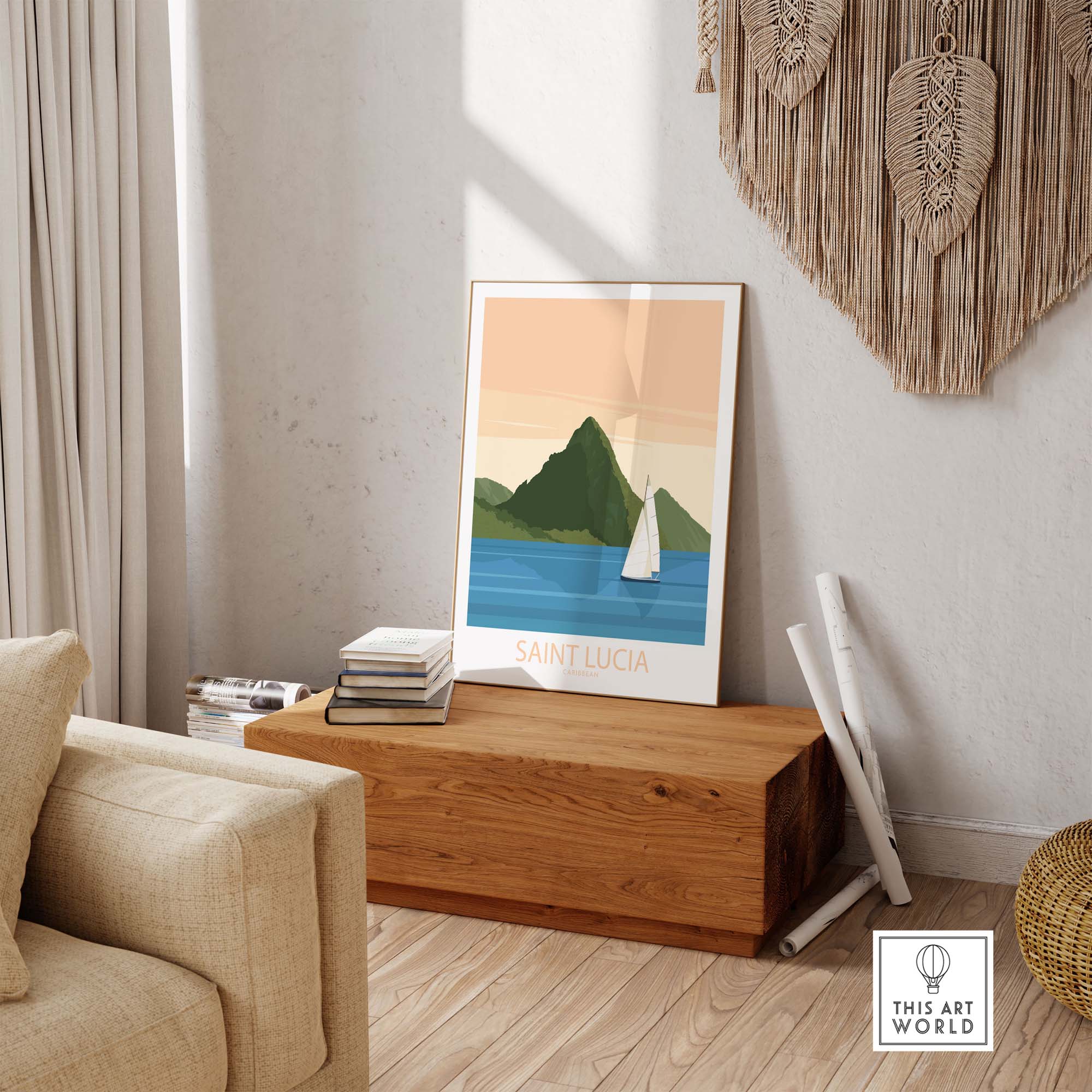 Saint Lucia Caribbean poster displayed in a stylish living room with minimalist decor and a wooden chest.