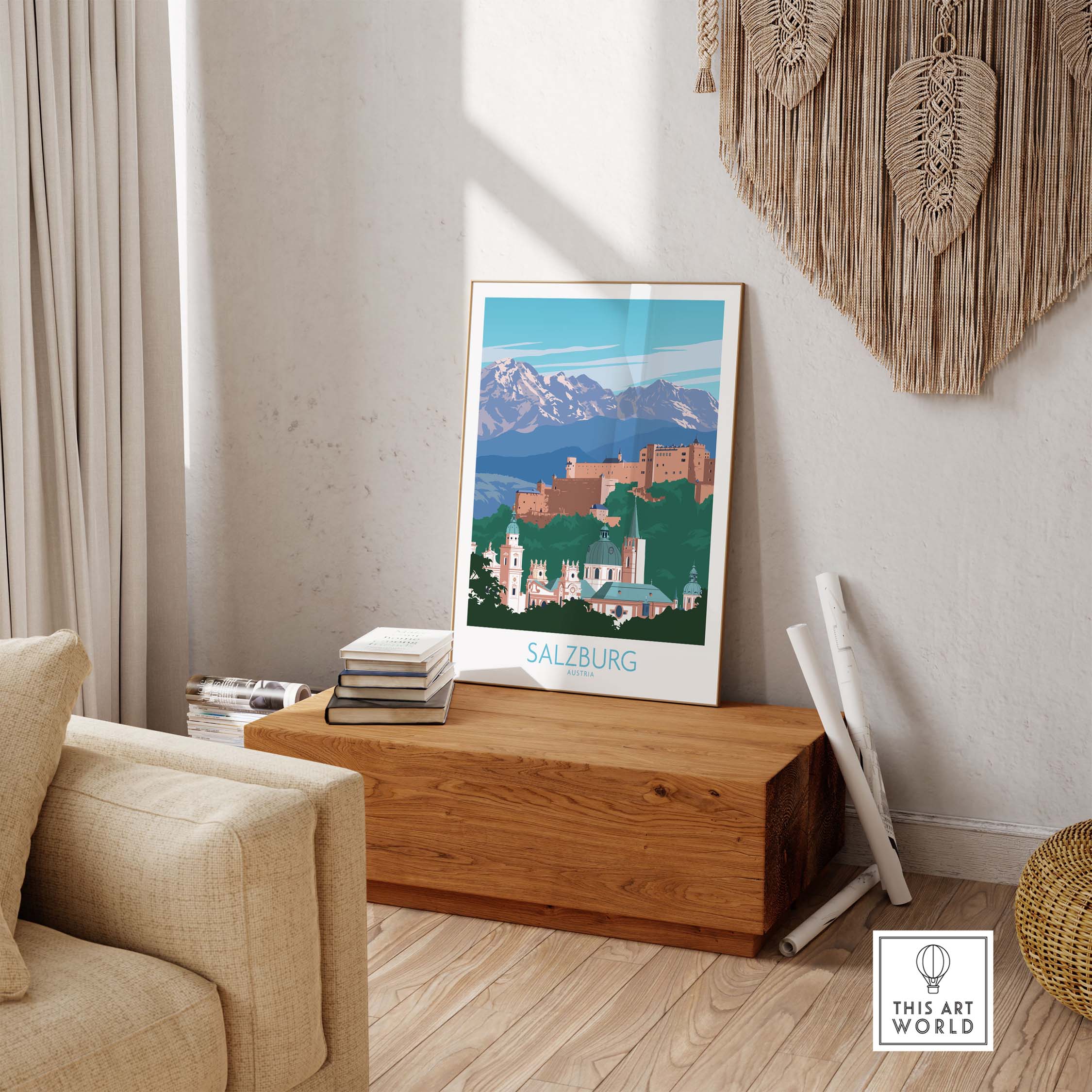 Salzburg wall art print featuring mountains and historical architecture, perfect for travel decor in home or office.