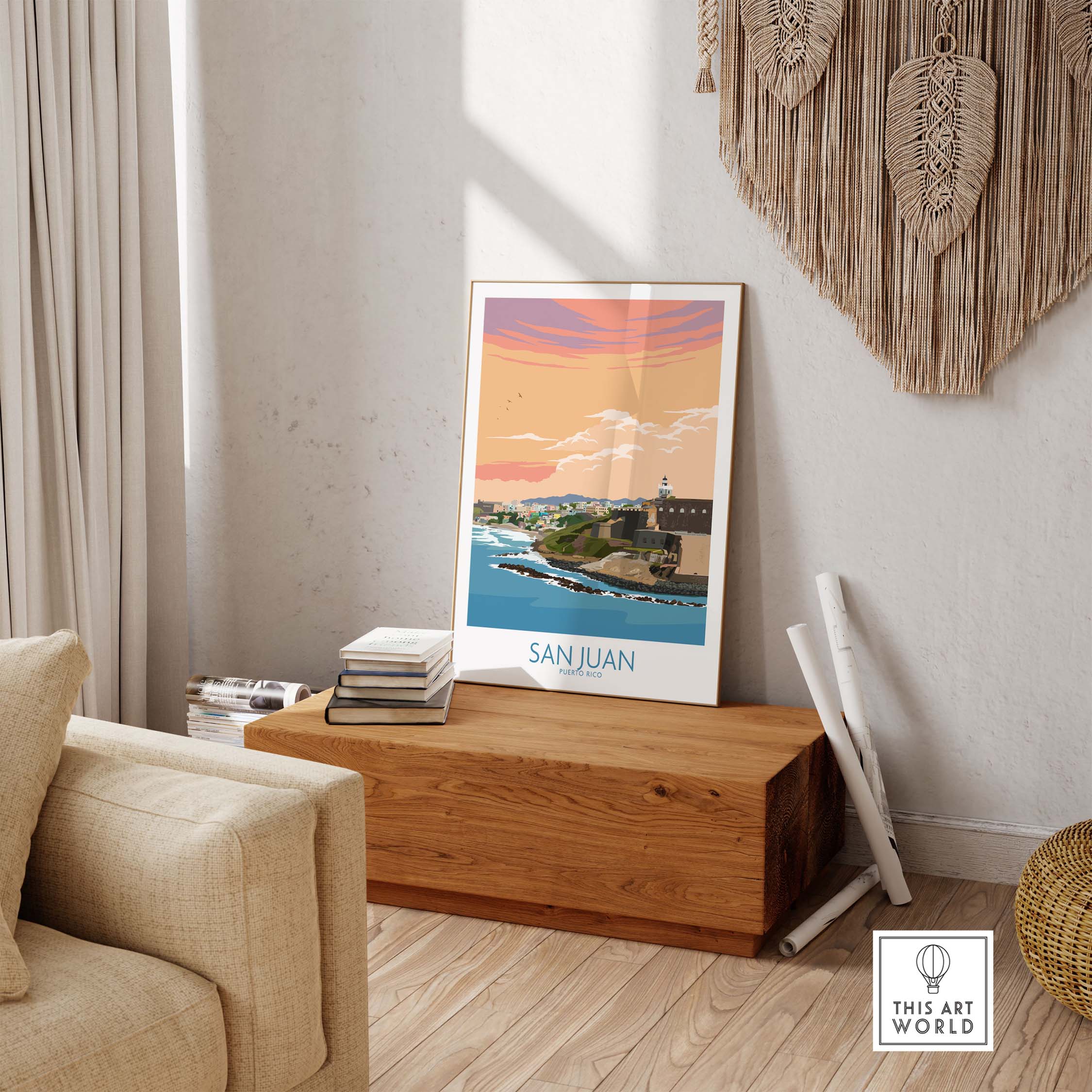 San Juan Puerto Rico print displayed in a stylish living room, showcasing vibrant colors and coastal scenery.