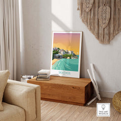 Skiathos wall art print in a modern living space, showcasing serene coastal scenery and vibrant colors.