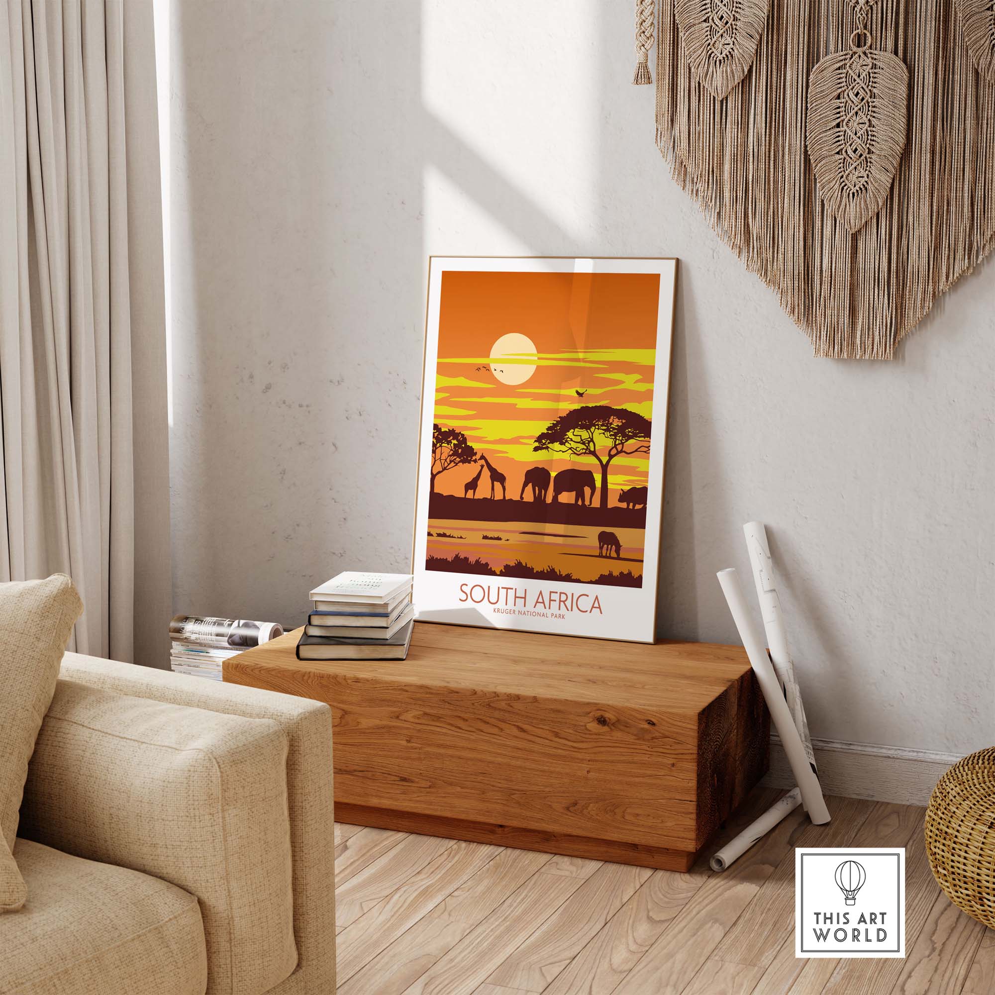 South Africa print featuring Kruger National Park, showcasing wildlife and sunset, displayed in a stylish home setting.