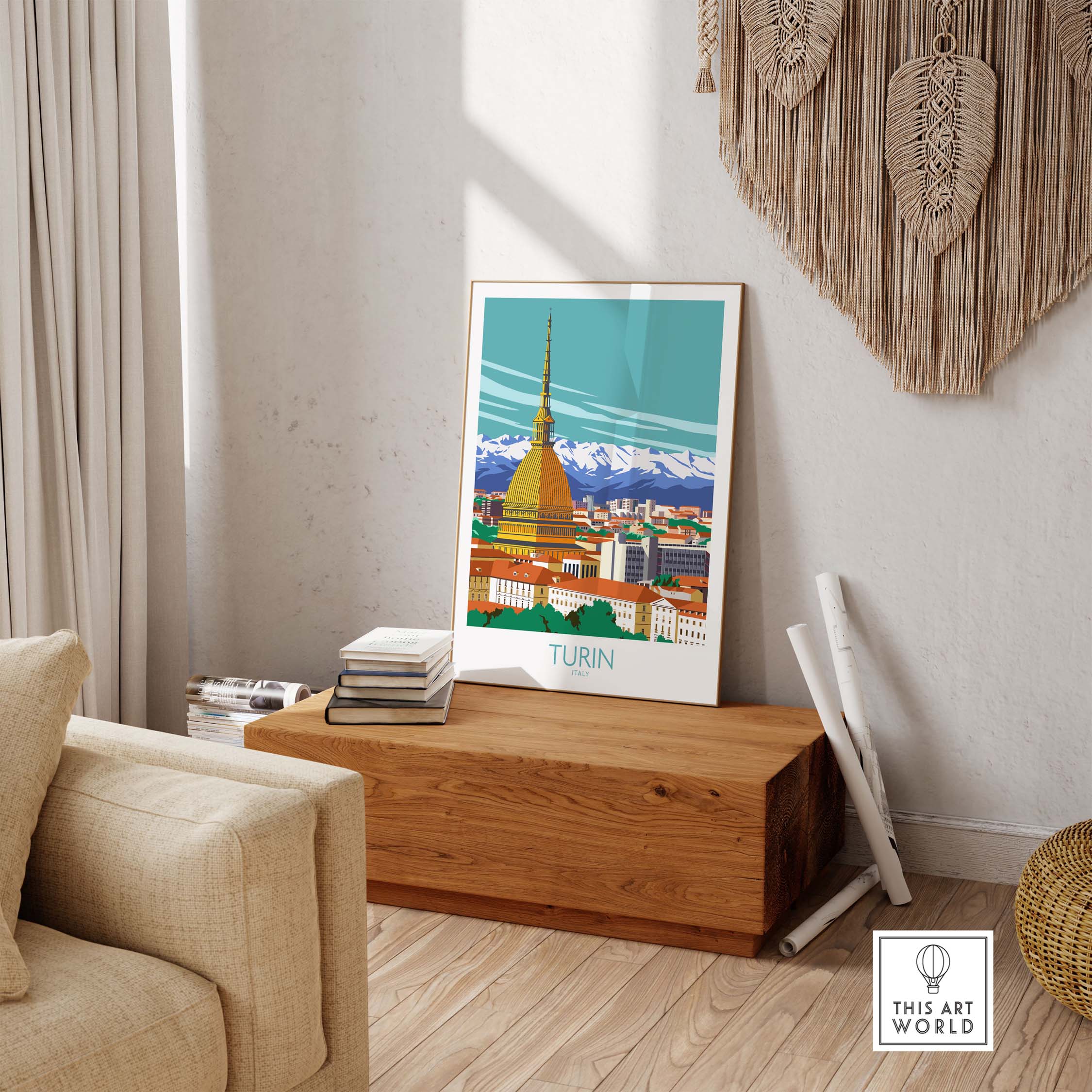 Turin Wall Art Print showcasing a minimalist design of Turin with mountains, perfect for home decor.