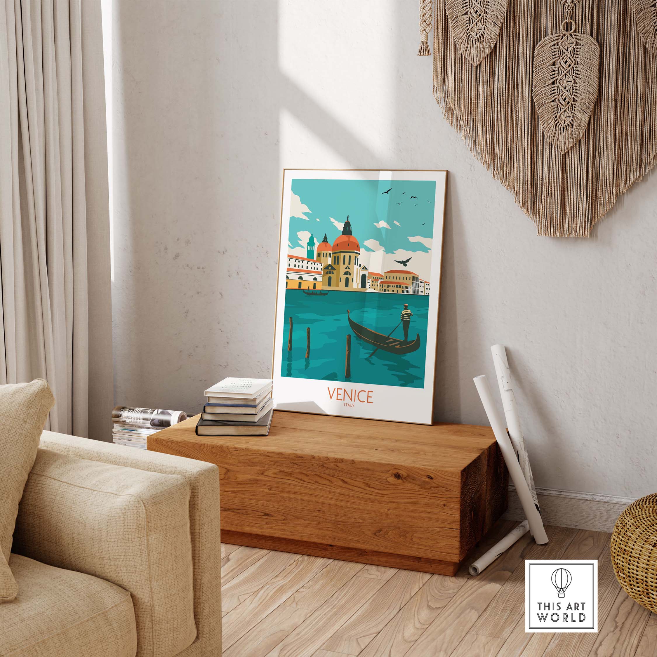 Venice Italy poster print displayed in a stylish living room, showcasing vintage travel art inspired by gondolas.