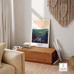 Virginia Wall Art Print showcasing minimalist vintage design in a cozy living space, ideal for travel enthusiasts.