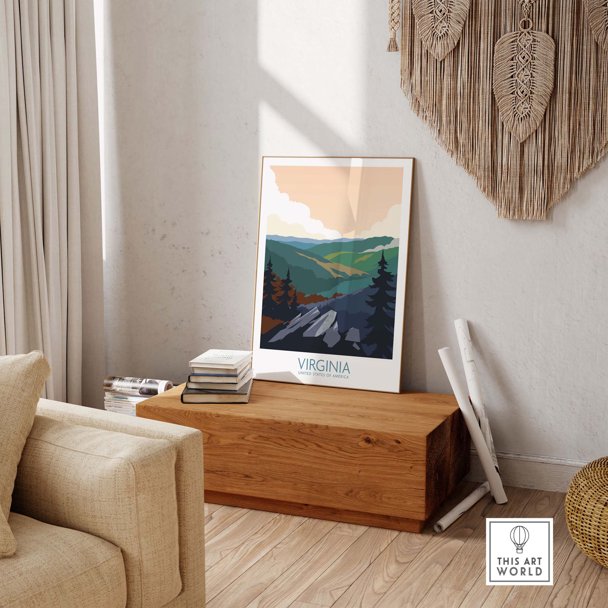 Virginia Wall Art Print showcasing minimalist vintage design in a cozy living space, ideal for travel enthusiasts.