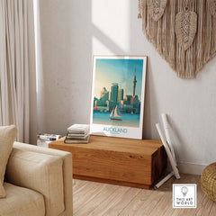 Auckland wall art print featuring a skyline and sailboats, styled in a minimalist vintage design for home decor.