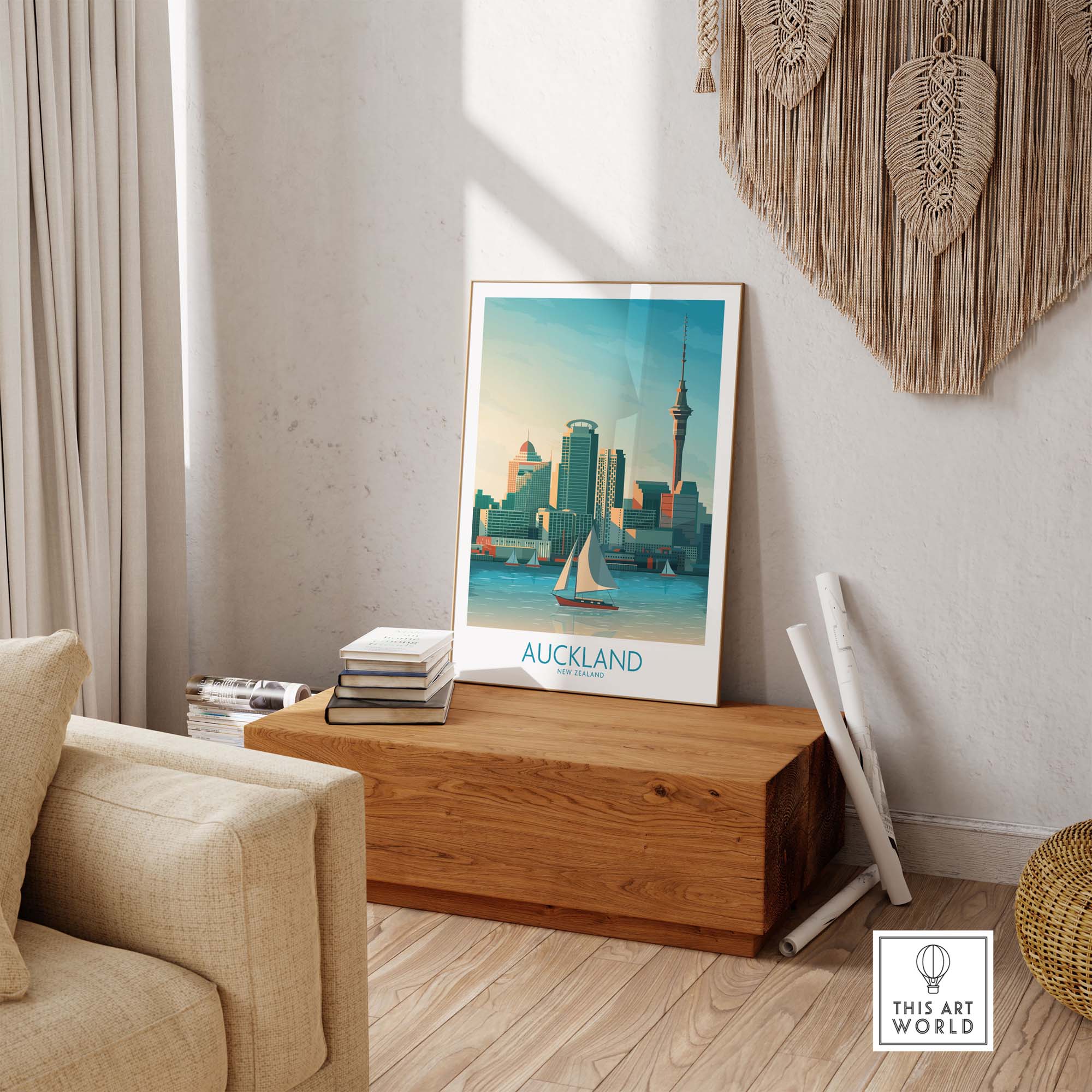 Auckland wall art print featuring a skyline and sailboats, styled in a minimalist vintage design for home decor.