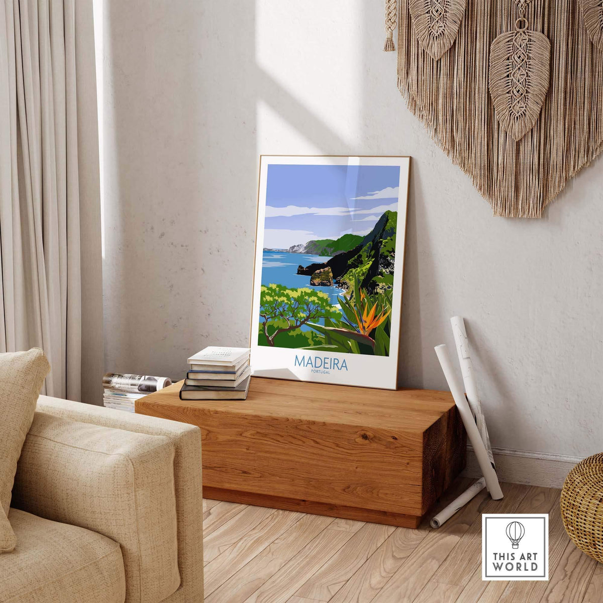 Madeira Print poster displayed in a stylish room with minimalist decor, showcasing vibrant green landscapes and ocean views.