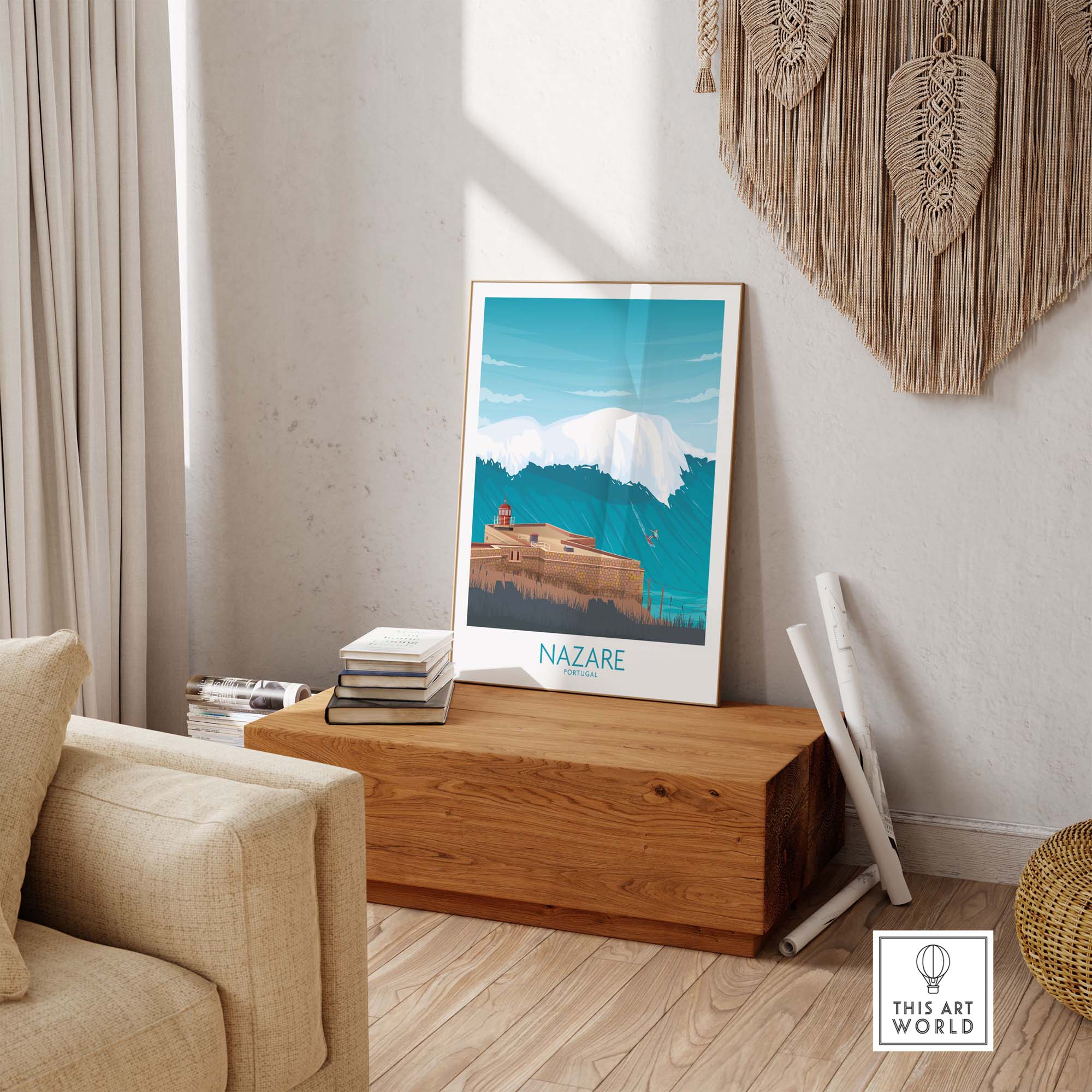 Nazare Wall Art Print displayed in a minimalist living room, showcasing Portugal-inspired design and vintage travel style.