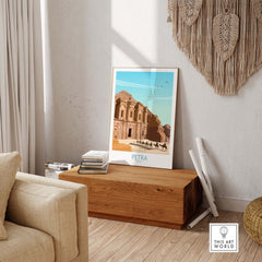 Petra wall art print displayed in a stylish living room setting showcasing vintage travel aesthetics.