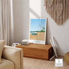 Sri Lanka wall art print displayed in a stylish home interior, featuring a minimalist design and coastal scene.