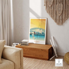 Sydney Print poster displayed in a minimalist room, showcasing vintage travel art and coastal scenery.