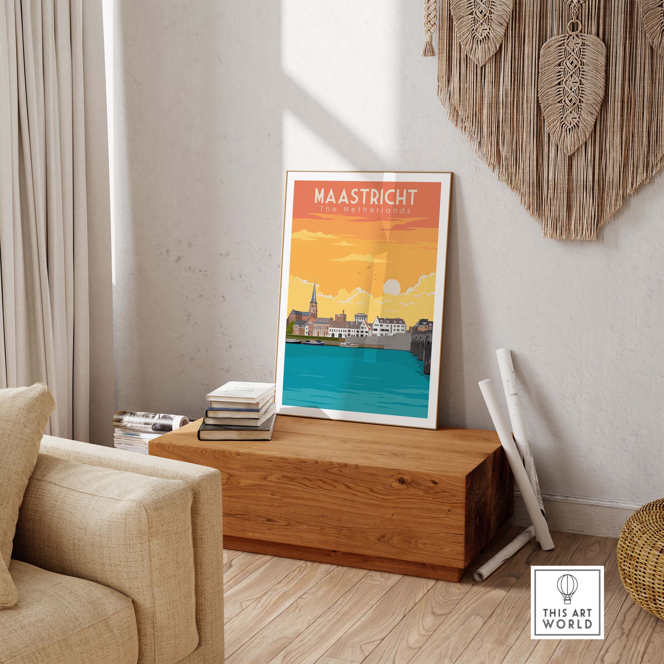 Maastricht Print travel poster displayed in a modern living room setting, showcasing vibrant colors and stylish design.
