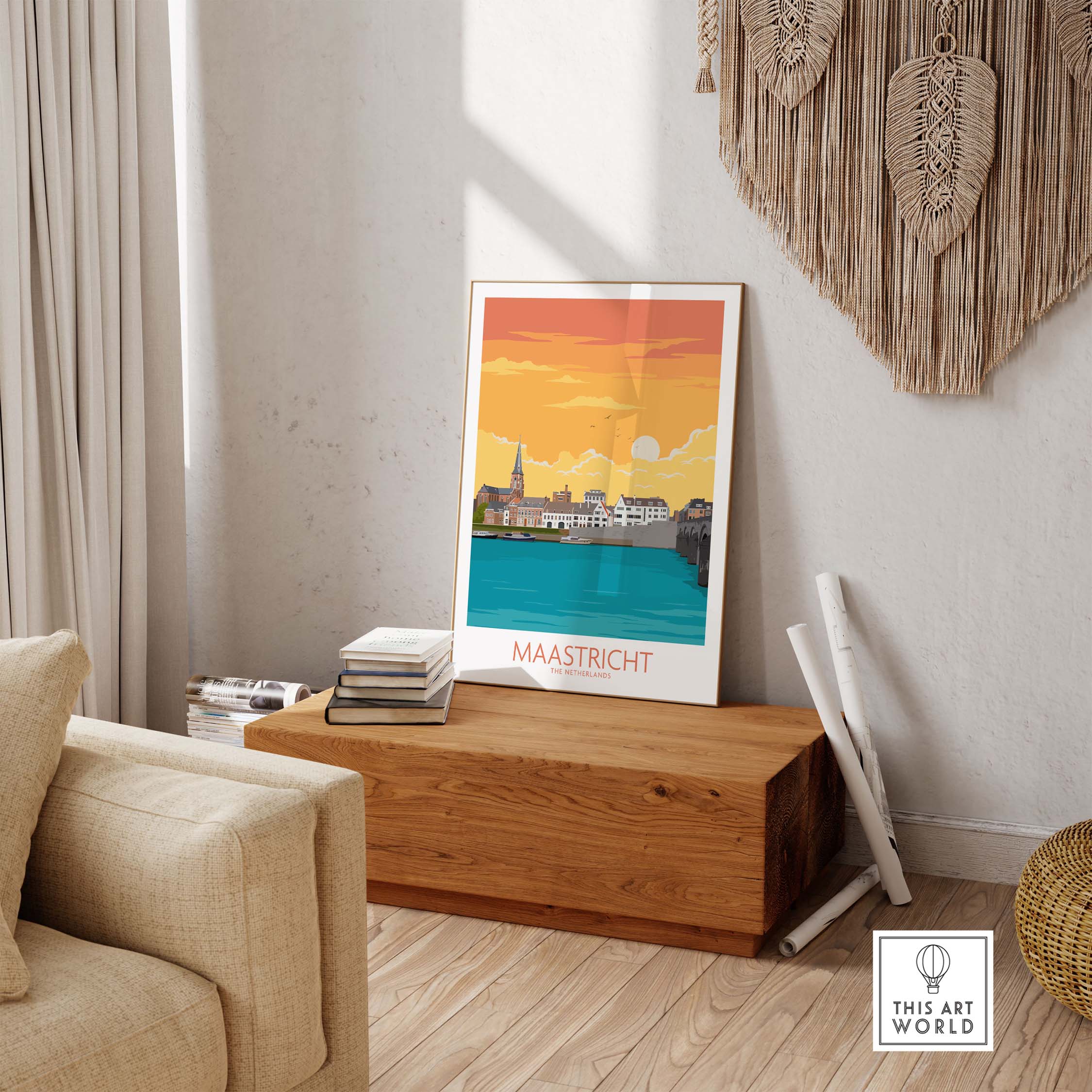 Stylish Maastricht travel poster showcased in a cozy interior, evoking wanderlust and vintage charm.