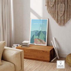 Machu Picchu Print Wall Art Poster displayed in a cozy living room setting with wooden decor.