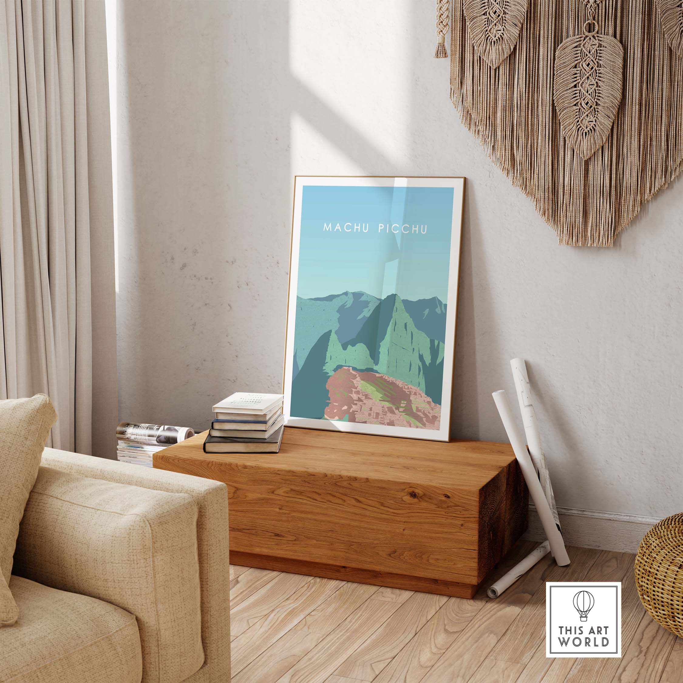 Machu Picchu Print Wall Art Poster displayed in a cozy living room setting with wooden decor.