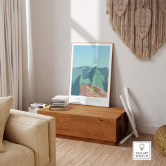 Machu Picchu print displayed in a cozy living room setting, showcasing vintage travel art and stylish decor.