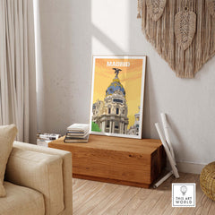 Madrid vintage travel poster art displayed in a stylish living room setting with warm tones.