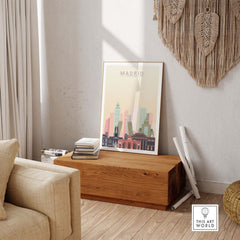 Madrid skyline print in pastel tones displayed in a stylish interior setting, perfect for wall art decor.