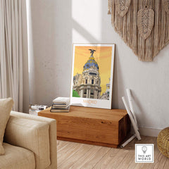 Madrid Print Spain Poster showcasing vintage travel art in a stylish home setting.