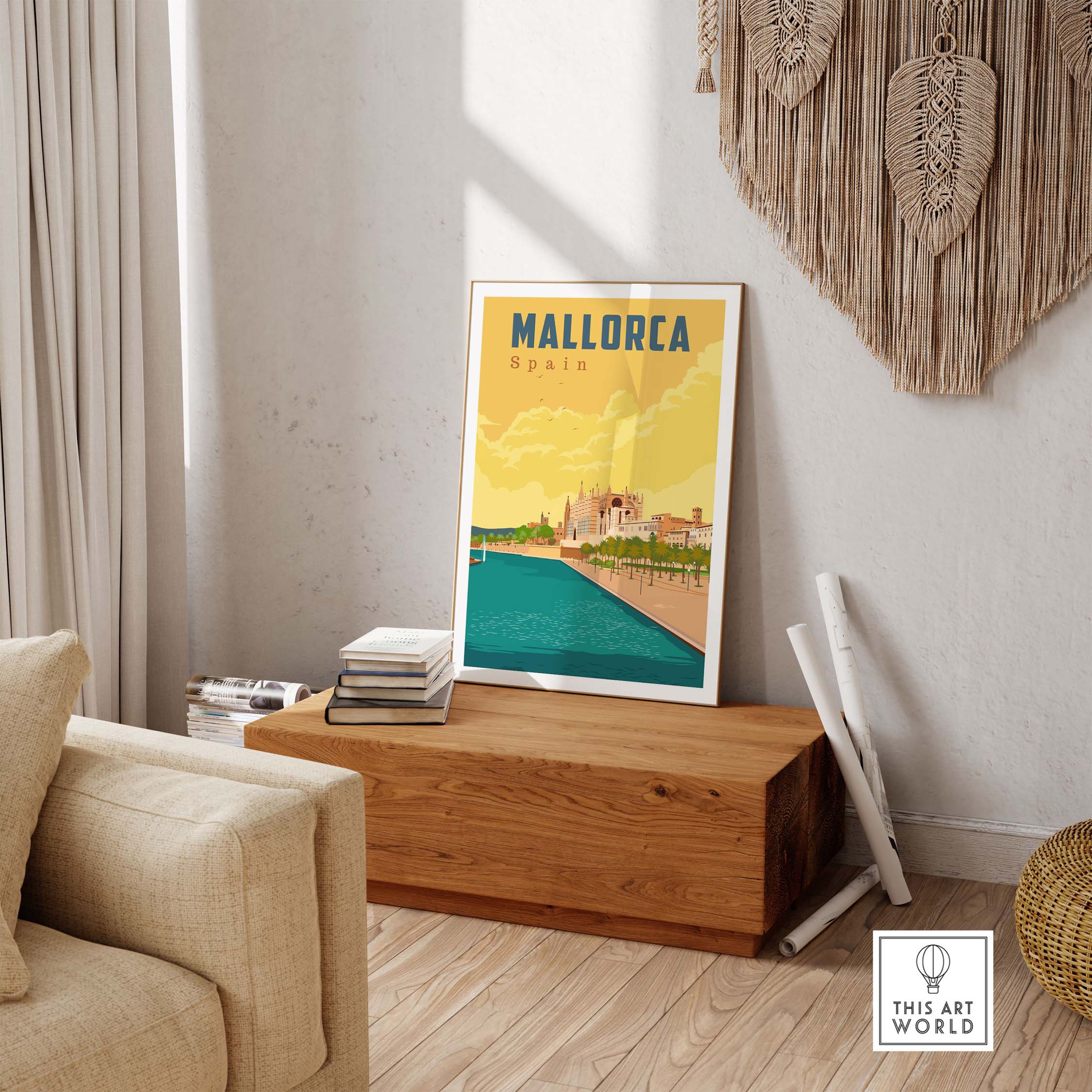 Mallorca Spain Print displayed in a stylish home setting, featuring vintage travel art inspired by nostalgia.