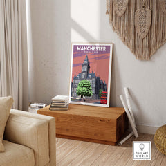 Manchester Poster Print showcasing vintage travel art in stylish home decor setting.