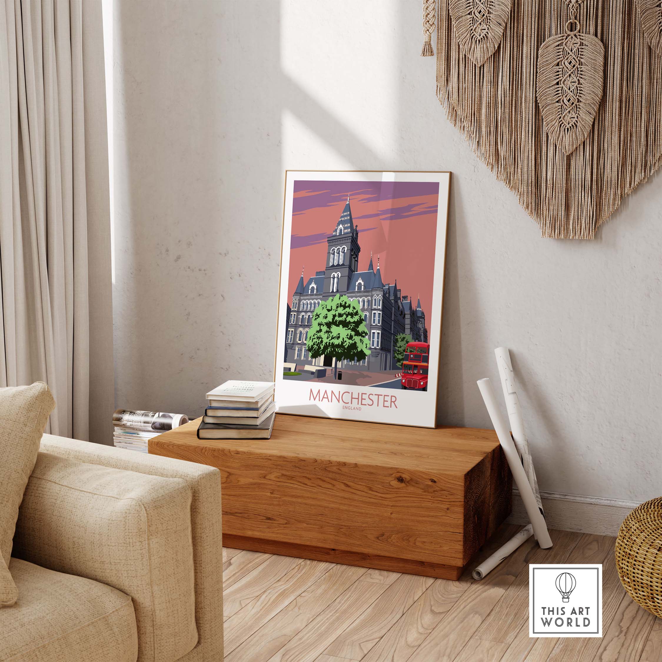 Manchester Art Print featuring vintage style illustration of Manchester architecture, framed and displayed in a stylish living room.