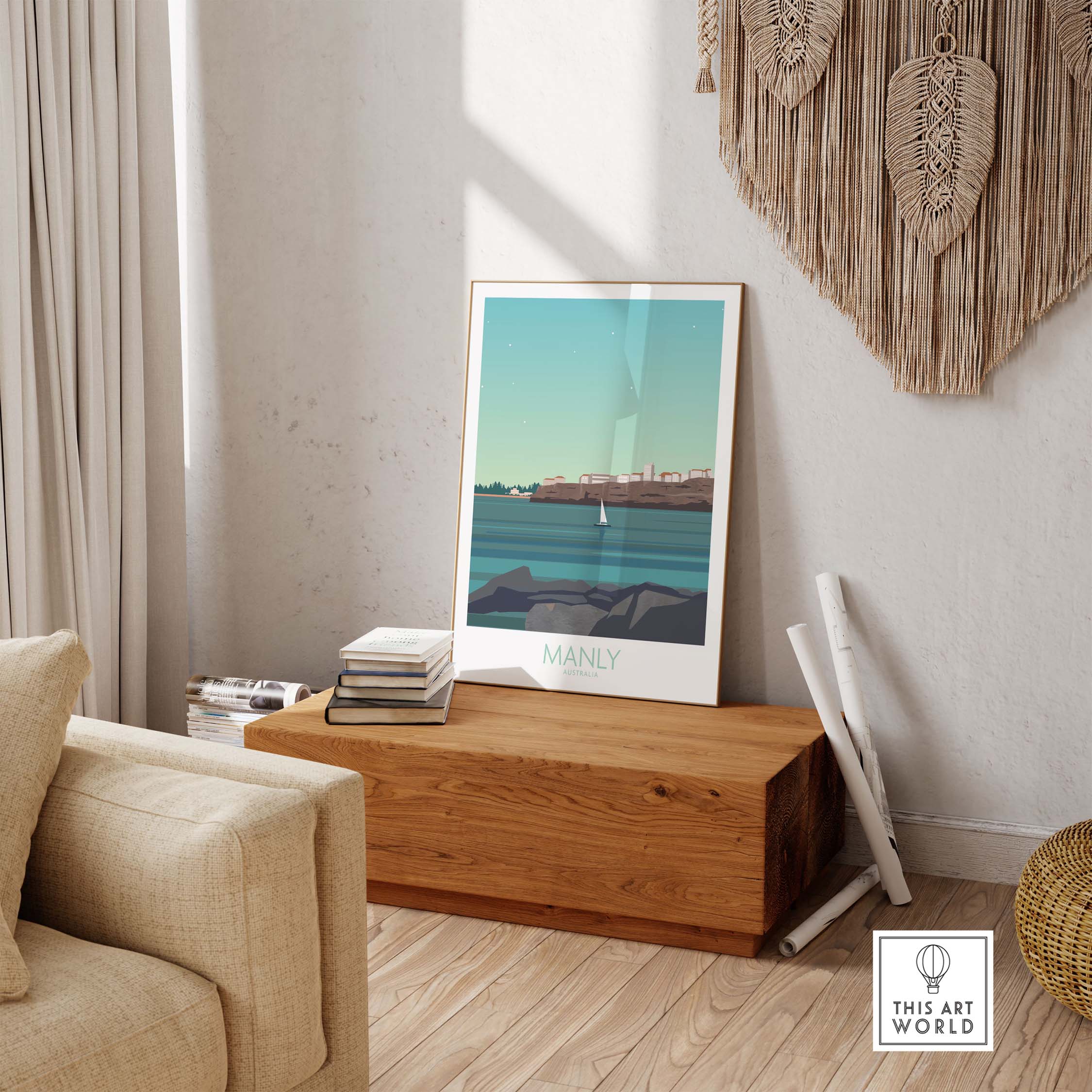 Manly Wall Art Australia Travel Poster displayed in a stylish home setting with wooden decor.
