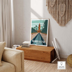 Marrakesh Print Morocco Poster displayed in a stylish home setting with vintage travel artwork.