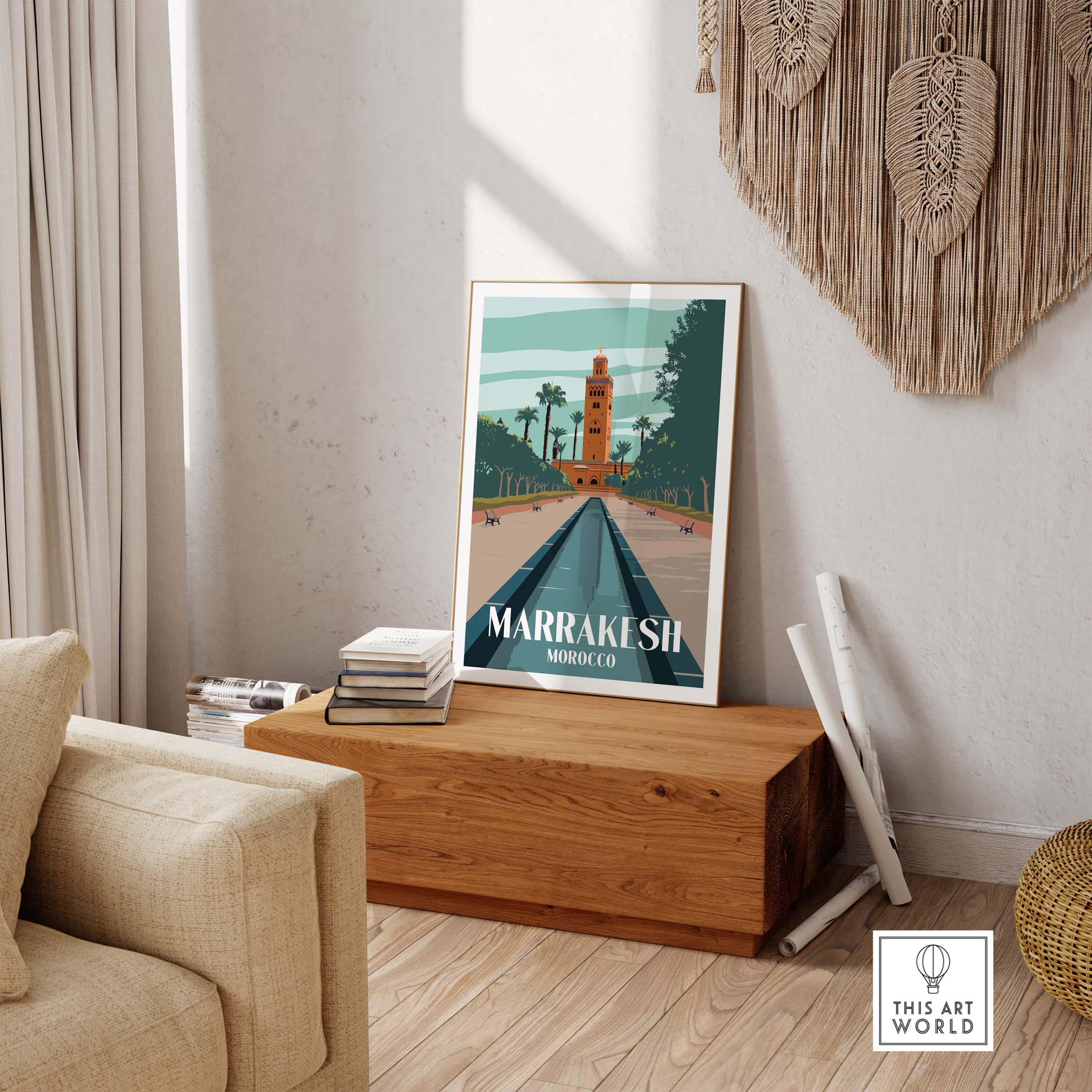 Marrakesh Print Morocco Poster displayed in a stylish home setting with vintage travel artwork.