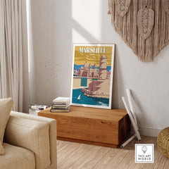 Marseille Print France artwork displayed in a stylish living room, showcasing vintage travel poster design.