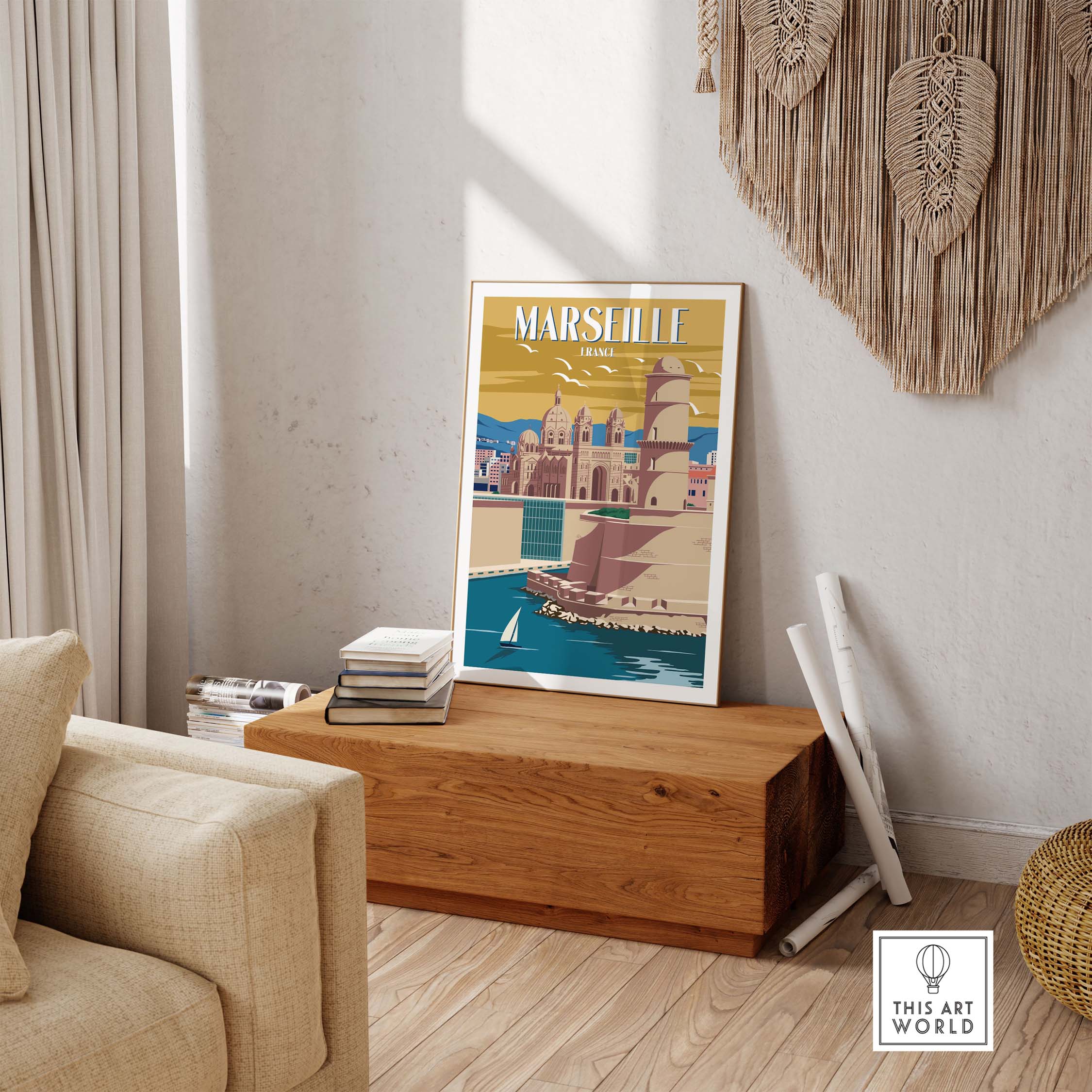 Marseille Print France artwork displayed in a stylish living room, showcasing vintage travel poster design.