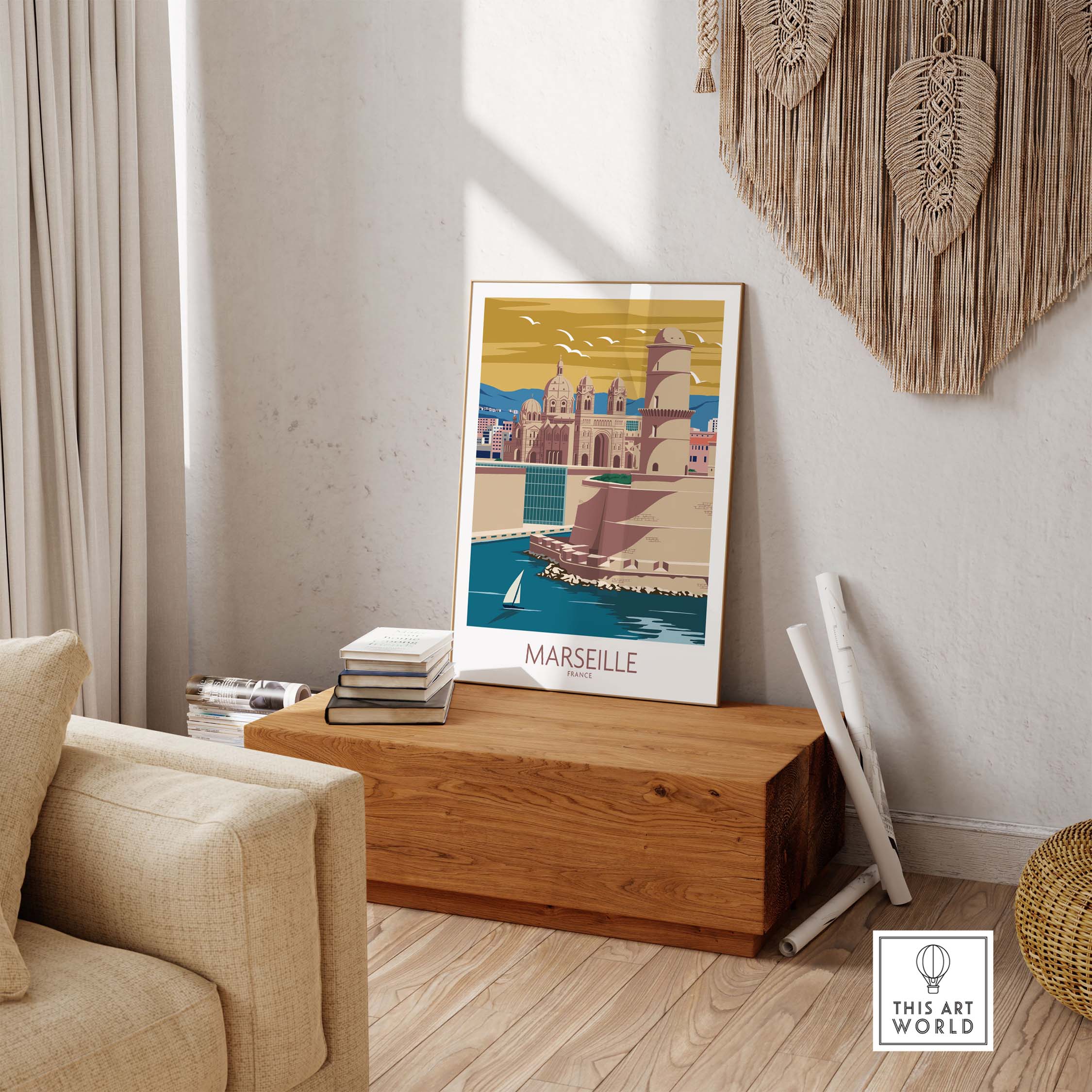 Marseille poster wall art displayed in a stylish living room on a wooden box.