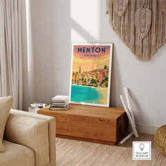 Vintage Menton France print poster displayed in a stylish home setting, evoking wanderlust and travel vibes.
