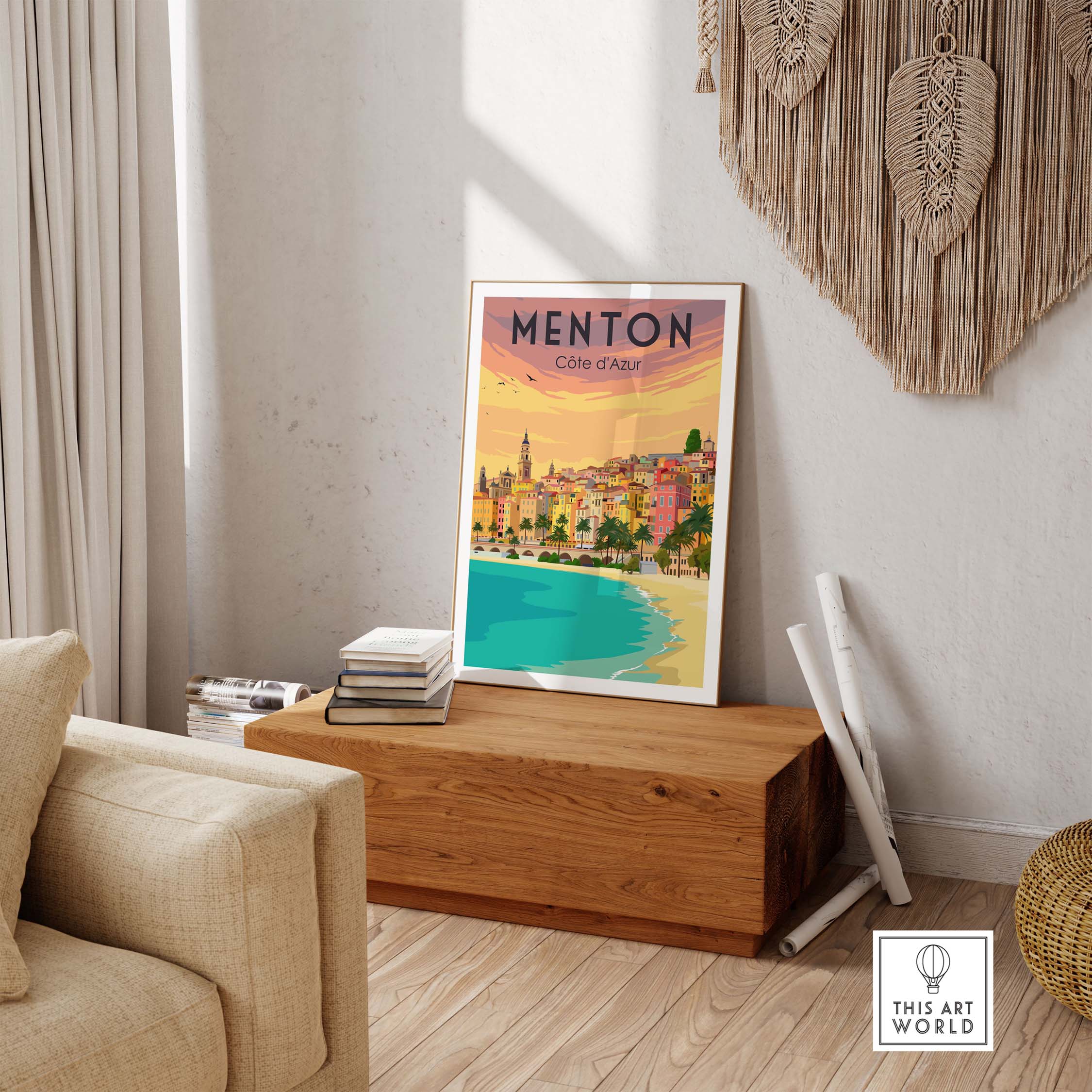 Vintage Menton France print poster displayed in a stylish home setting, evoking wanderlust and travel vibes.