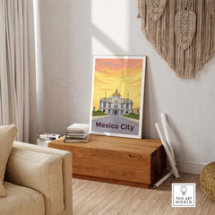 Mexico City Print Poster Wall Art featuring the Palacio de Bellas Artes displayed in a stylish living room setting.